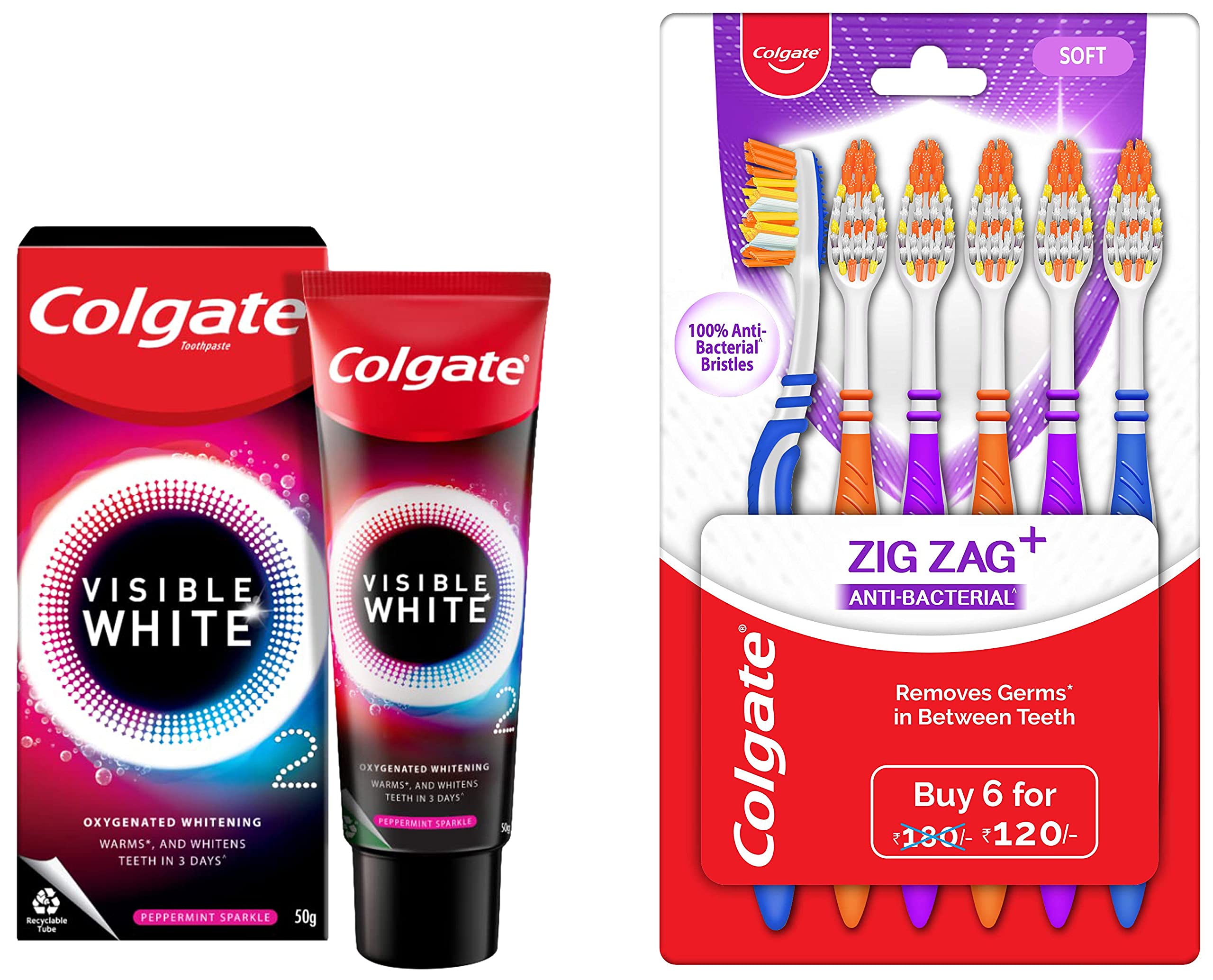 Colgate Visible White O2, Teeth Whitening Toothpaste, Peppermint Sparkle, 50g & Colgate ZigZag Anti-Bacterial Toothbrush - Soft (Pack of 6) – view 1