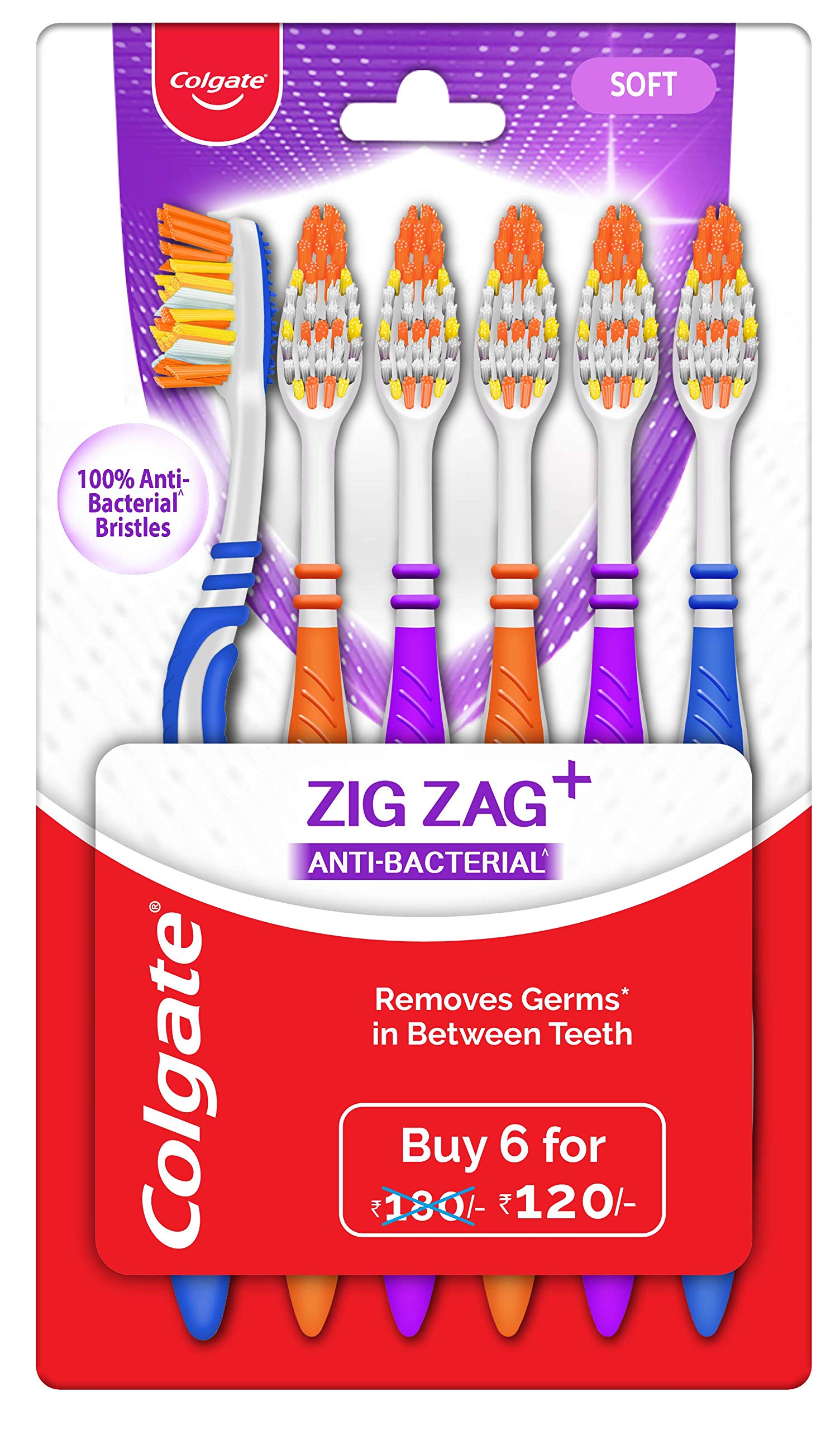 Colgate Visible White O2, Teeth Whitening Toothpaste, Peppermint Sparkle, 50g & Colgate ZigZag Anti-Bacterial Toothbrush - Soft (Pack of 6) – view 5