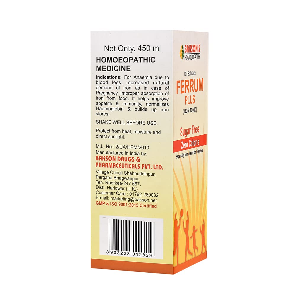 Dr. Bakshi's BAKSON'S HOMOEOPATHY Ferrum Plus (Sugar Free) Syrup (450ml) – view 3