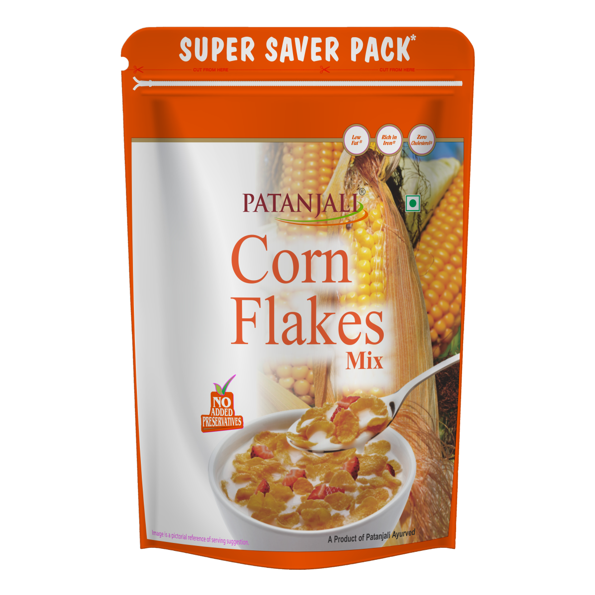 Front pack of Patanjali Corn Flakes 875 g cereal