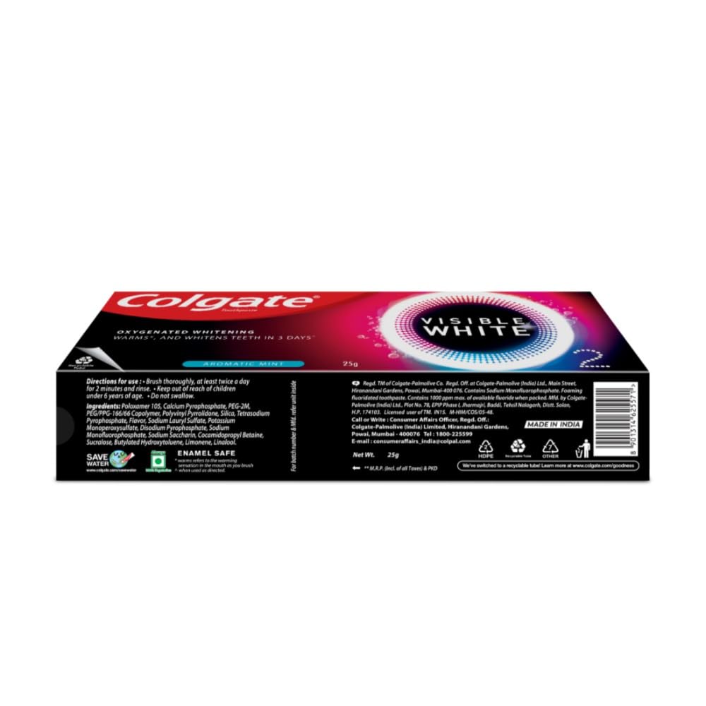 Colgate Visible White O2, Teeth Whitening Toothpaste (25g) for noticeably whiter teeth starting in 3 days. Aromatic Mint with Active Technology, Enamel Safe Teeth Whitening – view 8