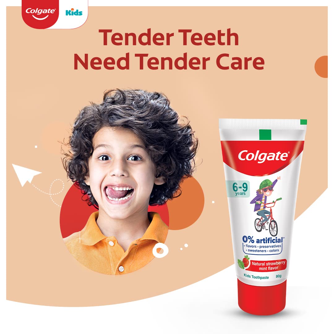 Colgate Kids Toothpaste with 0% Artificial Preservatives, Colours, Sweeteners for Whitening (6-9 Years, Natural Strawberry Mint Flavour - 80g Tube) – view 2