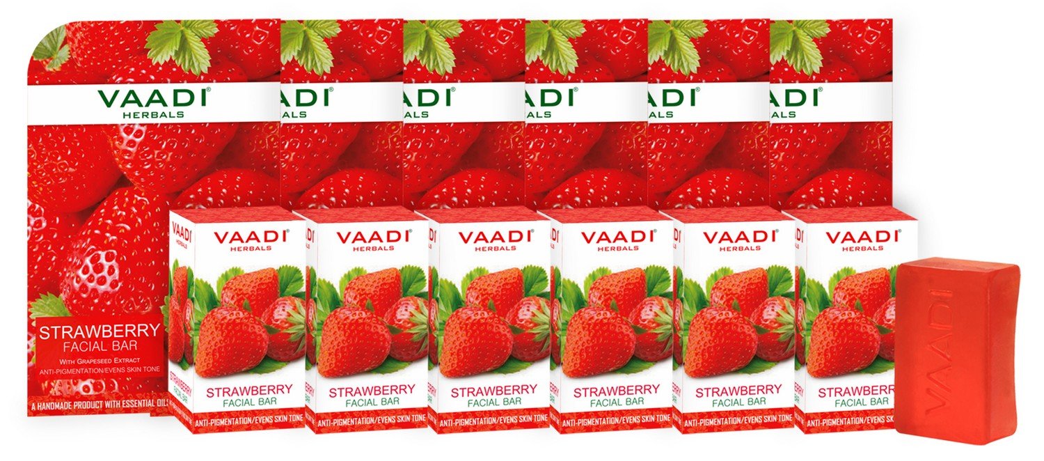 Six Vaadi Herbals strawberry facial bars in retail box
