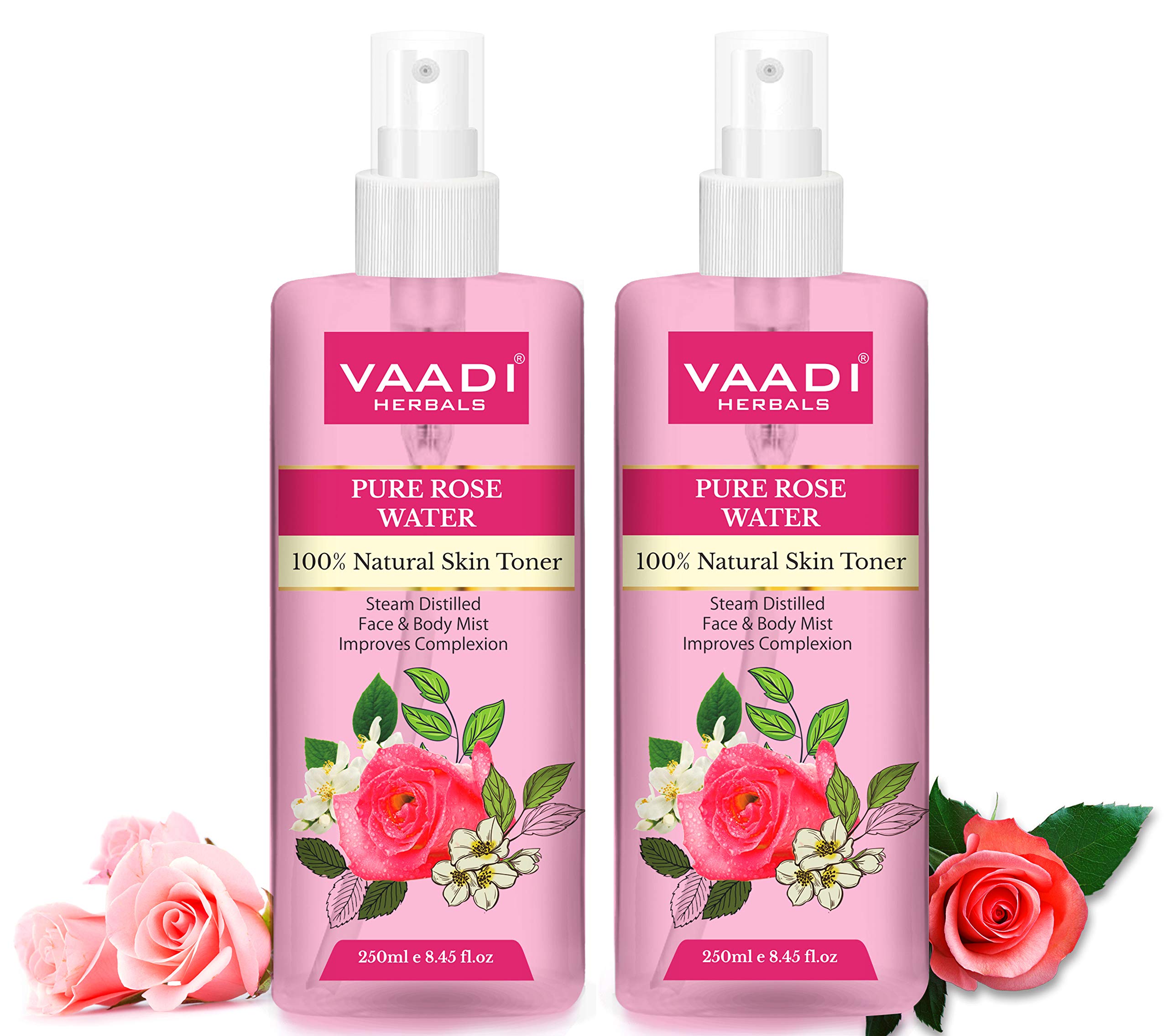 Two 250 ml bottles of Vaadi Herbals natural rose water spray
