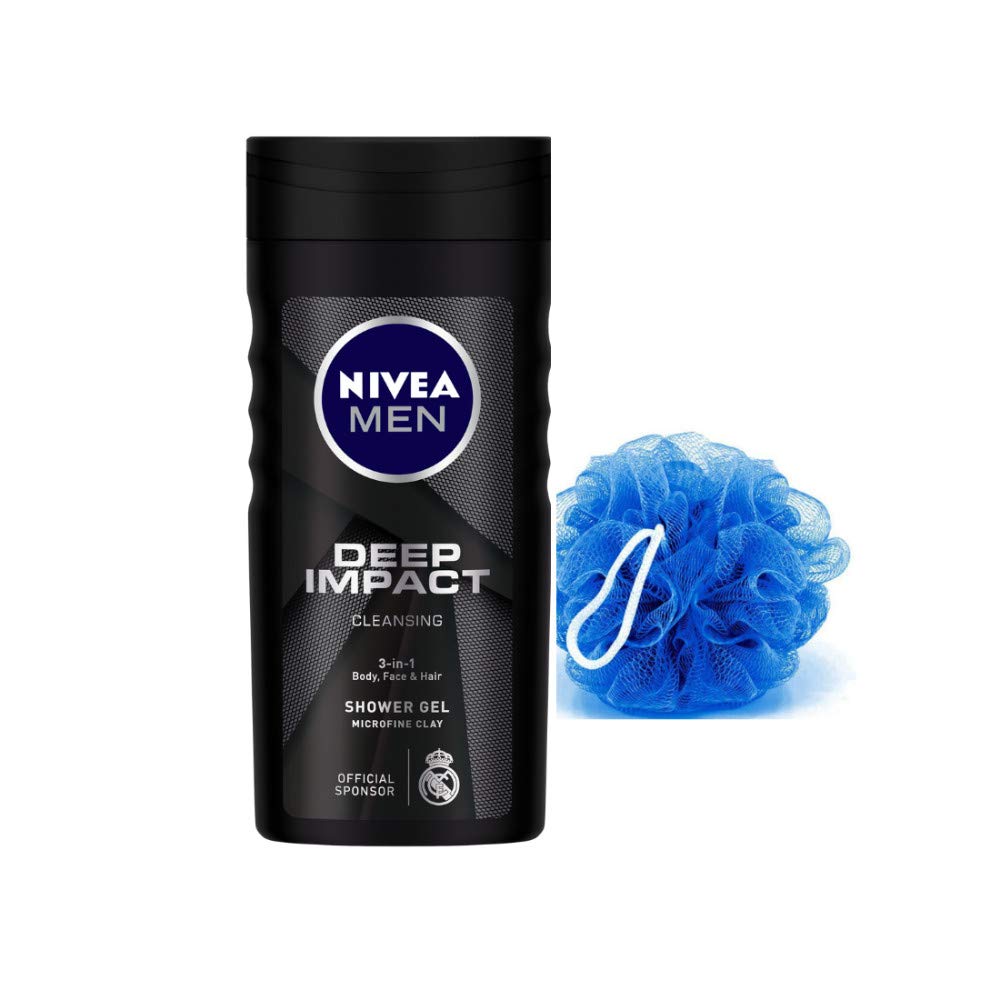 Fresh-scented Nivea Men shower gel 250ml bottle and loofah