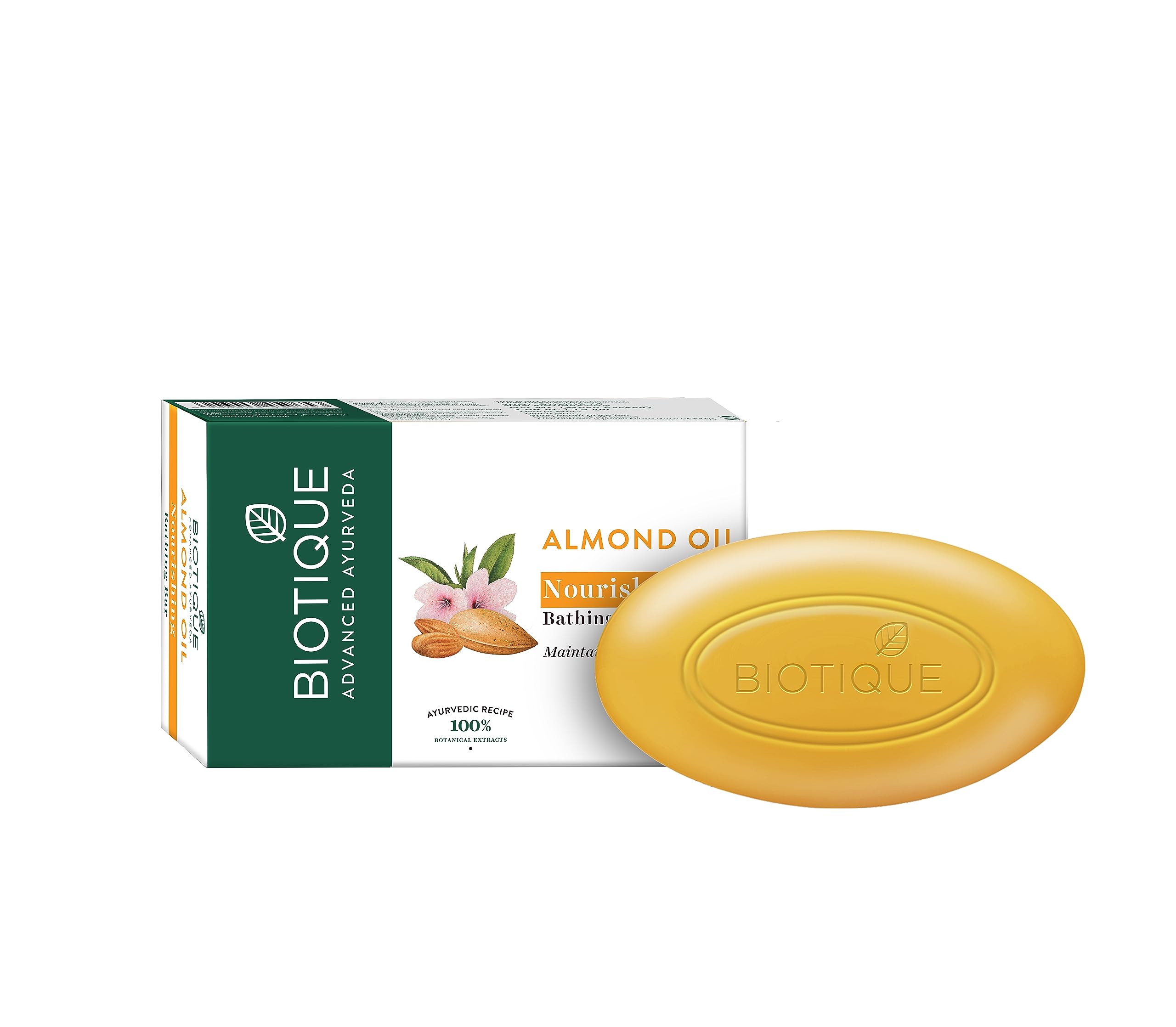 Biotique Almond Oil Soap 75g front packaging with soap bar
