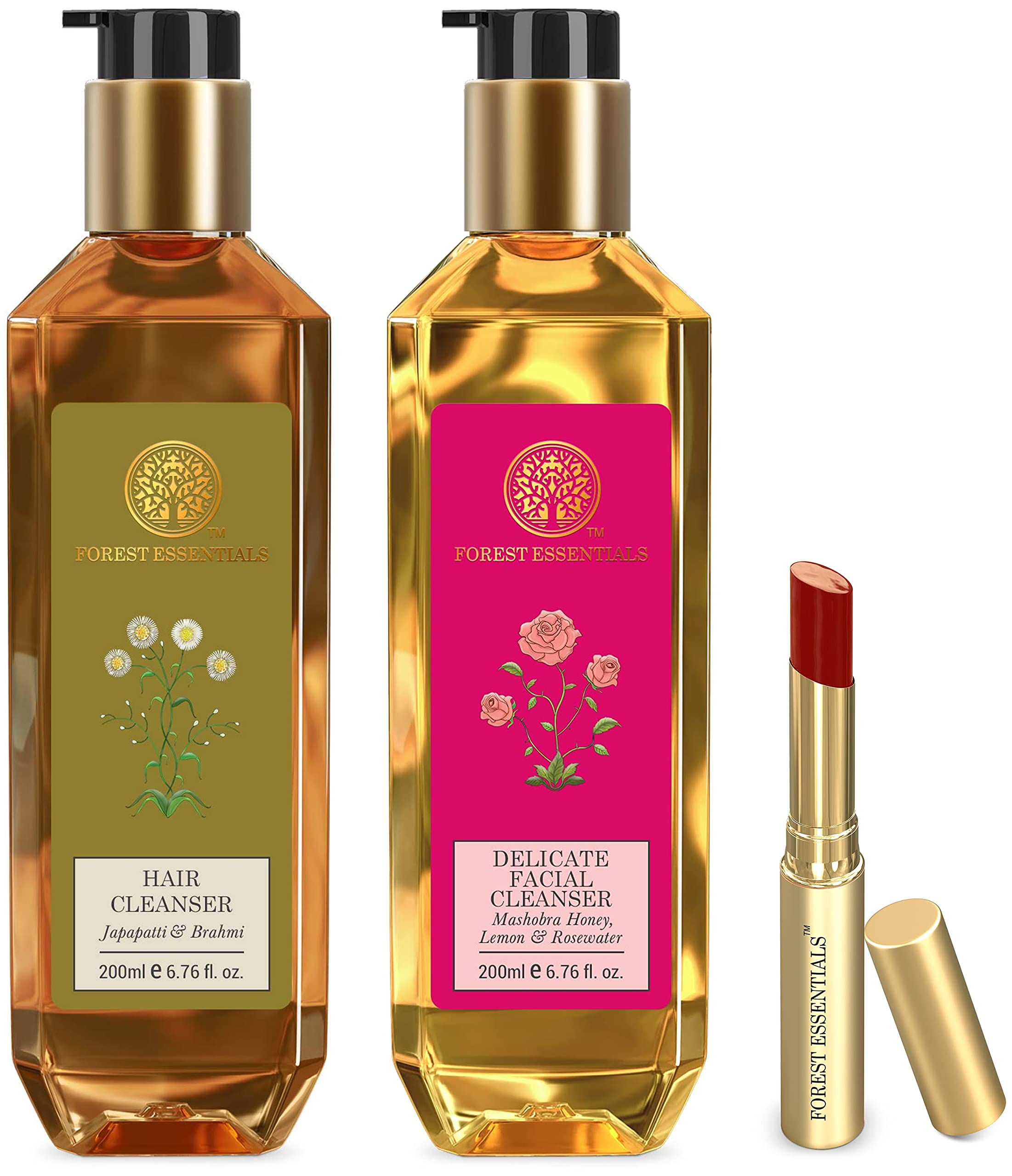 Forest Essentials Mashobra Honey, Lemon and Rosewater Facial Cleanser, 200ml & Tinted Lip Serum Madhu Rasa Anar Rasa 2.2g (Lipstick) & Hair Cleanser Japapatti & Brahmi 200ml (Shampoo) – view 1