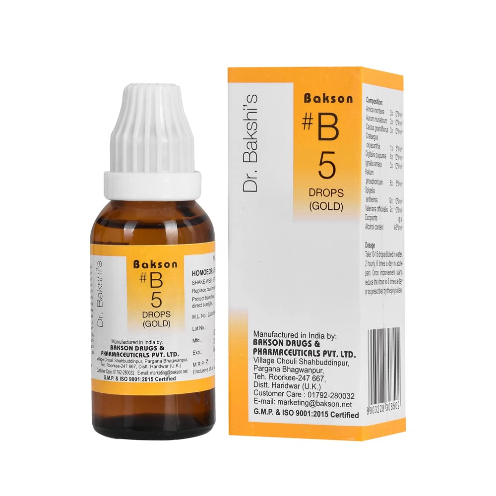 Front pack of Bakson B5 Gold Drops 30 ml bottle