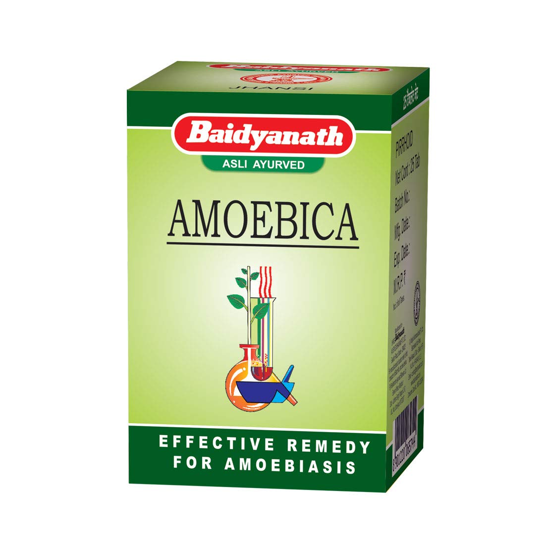 Front bottle pack of Baidyanath Amoebica 100 tablets
