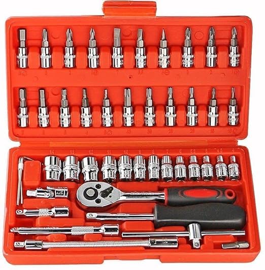 Compact 46-piece ratchet wrench socket and bit set with case
