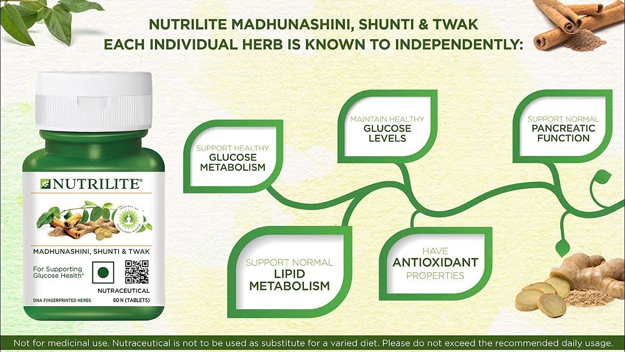 Bottle of Amway Madhunashini Shunti and Twak tablets