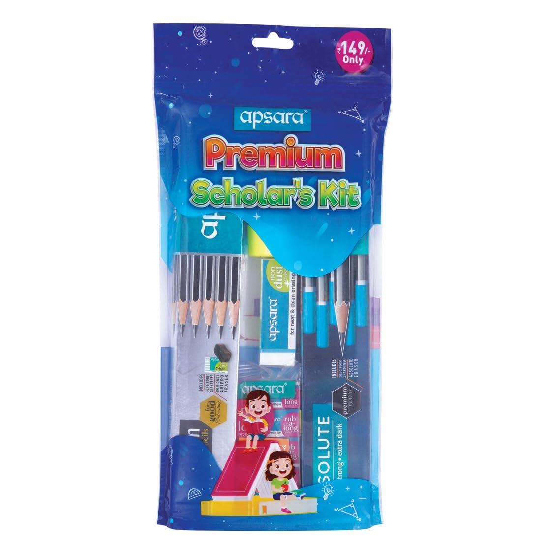 Multicolour Apsara scholar kit with wooden pencils and school supplies