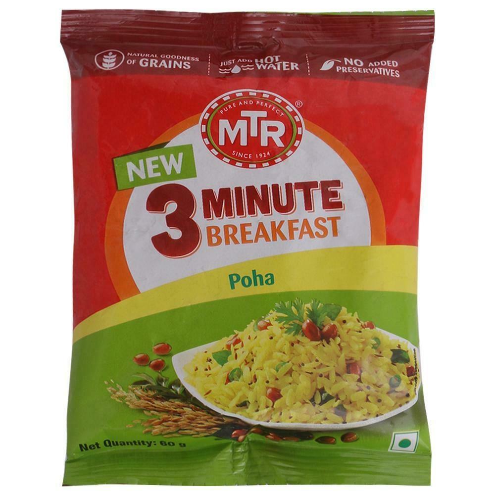 MTR poha pouch showing quick 3 minute breakfast mix