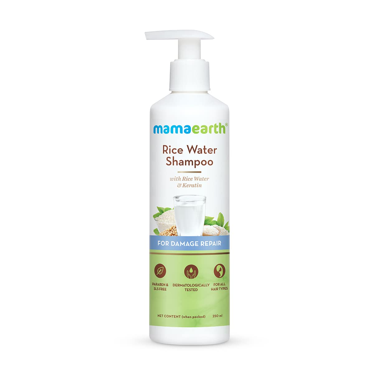 Mamaearth rice water and keratin shampoo bottle, 250 ml