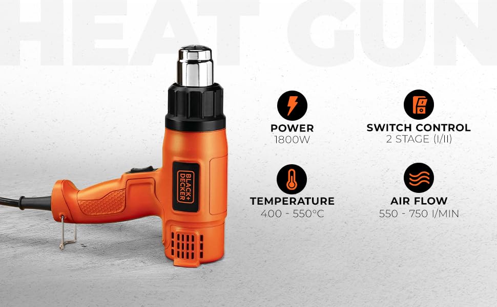 BLACK+DECKER Kx1800 Dual Temperature High Speed Heat Gun For Removing & Drying Paint Coats,Remelting Adhesives & Shrink Wrapping,1800 Watts Corded Electric (Orange&Black) – view 2
