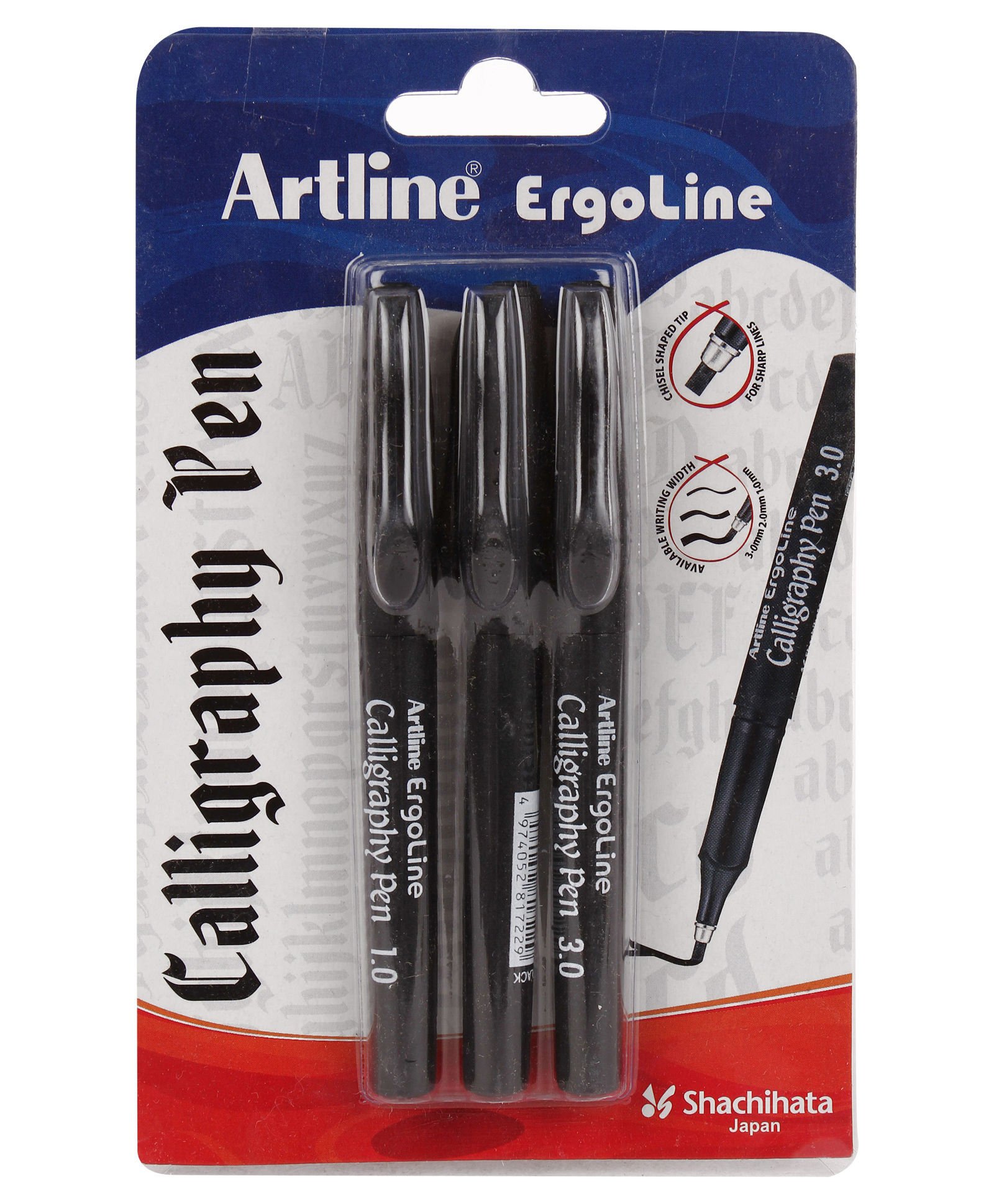 Three black Artline Ergoline calligraphy pens in retail pack