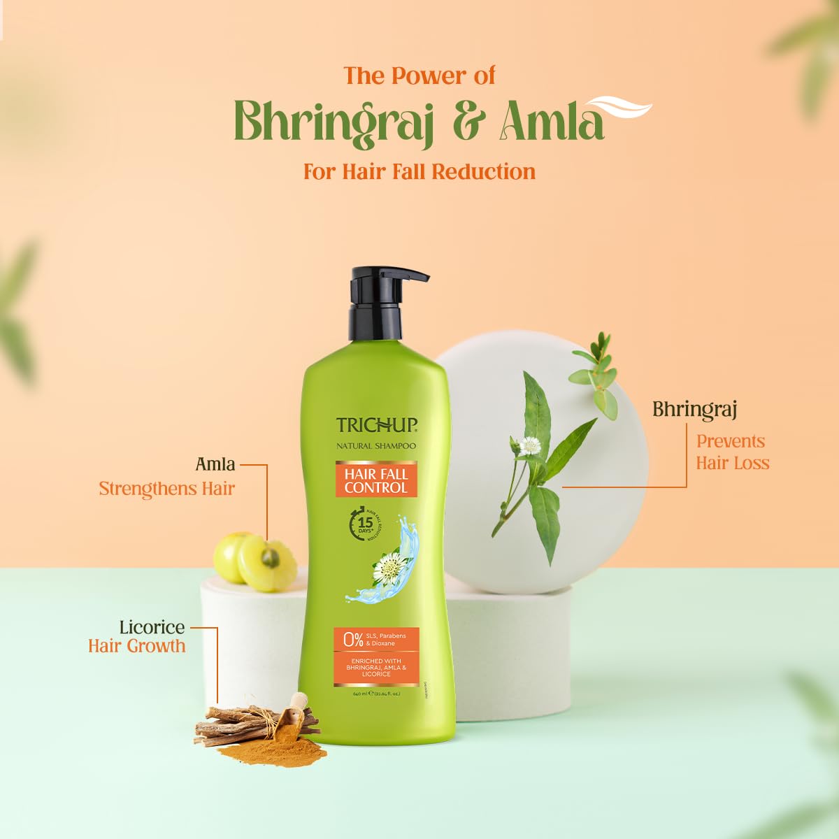 Trichup Hair Fall Control Natural Shampoo 640 ml - Enriched with Bhringraj - Cleanse Your Hair Effectively & Protect From Breakage - Get Healthy & Shiny Hair All Day Long – view 2