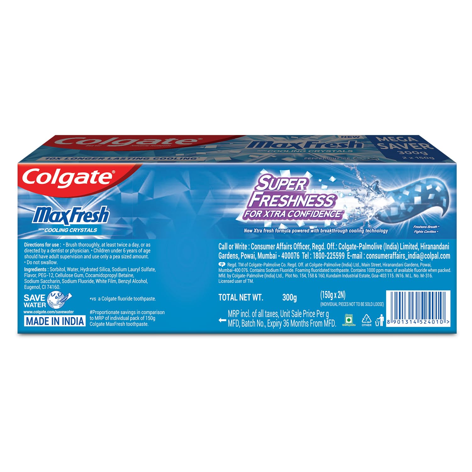 Colgate MaxFresh Toothpaste, Blue Gel Paste with Menthol for Super Fresh Breath, 300g, 150g X 2 (Peppermint Ice, Saver Pack) – view 5