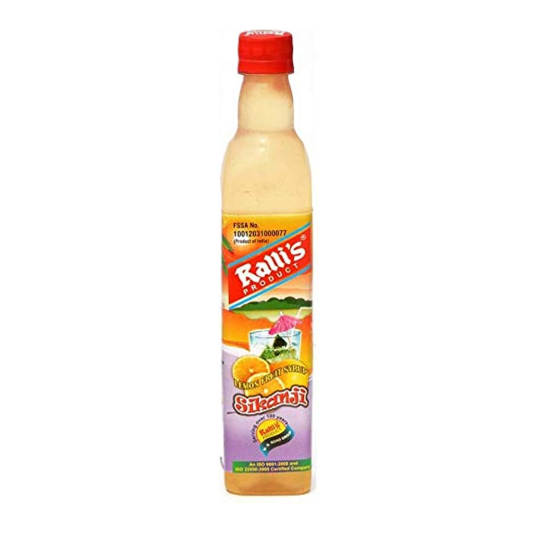 500 ml bottle of Ralli's tangy lemon sikanji syrup