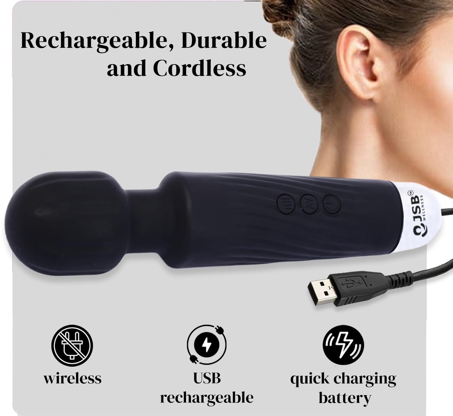 JSB HF56 Pro Cordless Rechargeable Body Massager Handheld with Flexible Silicon Head Vibration for Back, Leg, Foot & Cervical Neck Pain Relief – view 2