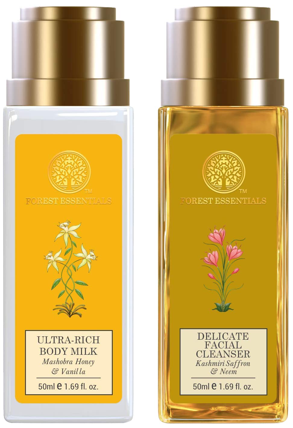 Forest Essentials skincare duo with cleanser and body milk bottles
