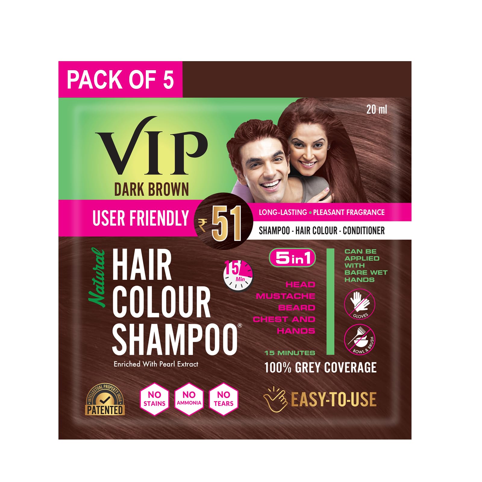 Seven 20 ml VIP hair color shampoo sachets in natural black