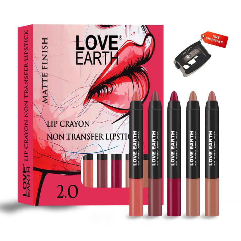 Five Love Earth creamy matte lip crayons in multicolor combo pack