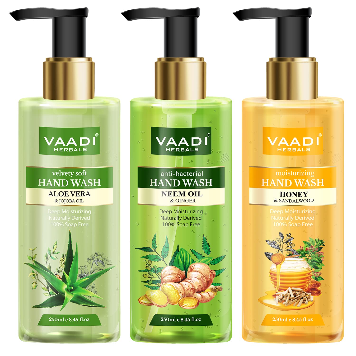 Three bottles of Vaadi Herbals hand wash with herbal ingredients