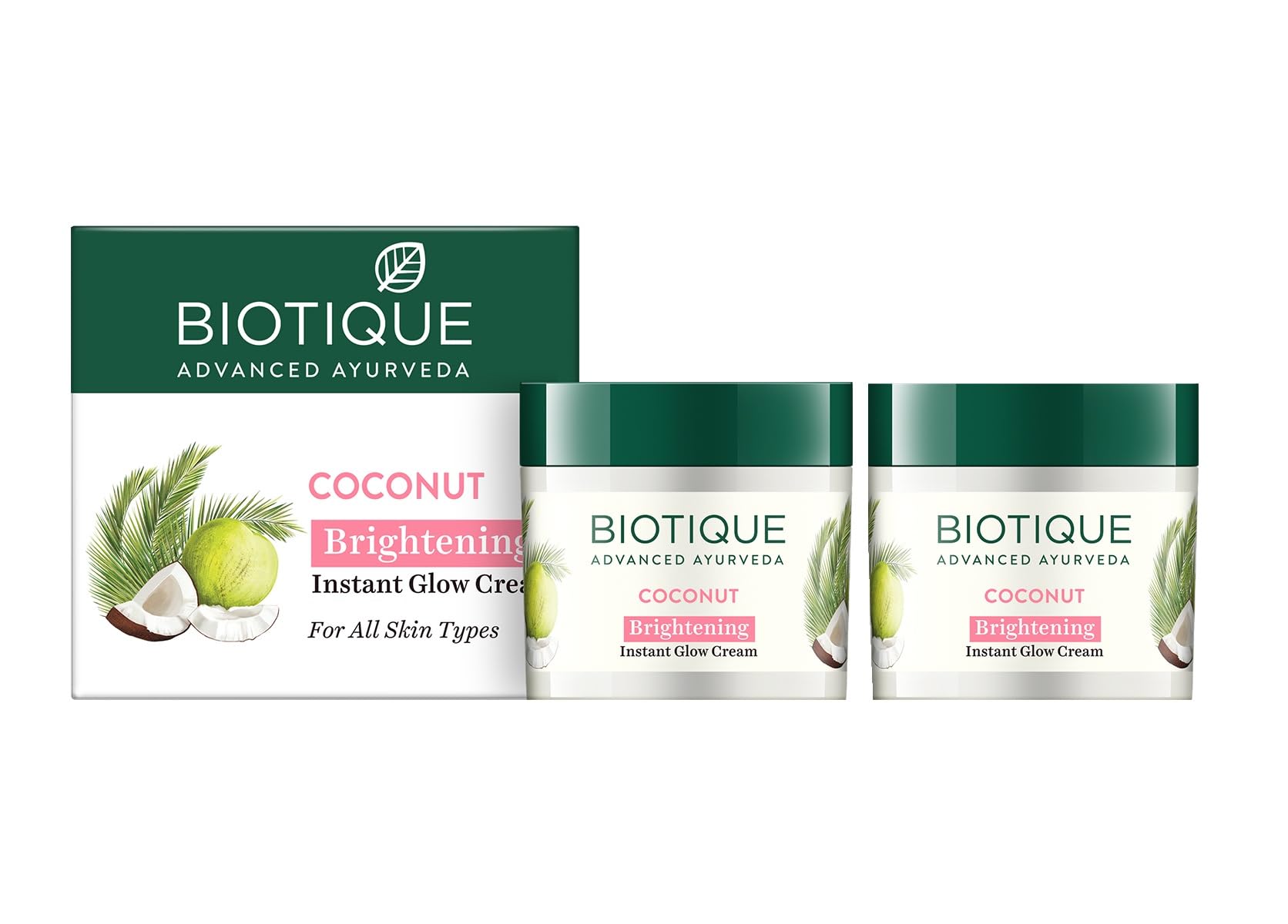 Two 50g jars of Biotique coconut brightening face cream