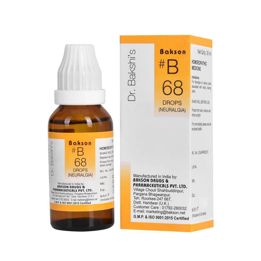 Front view of Bakson's B 68 Neuralgia Drops 30 ml bottle