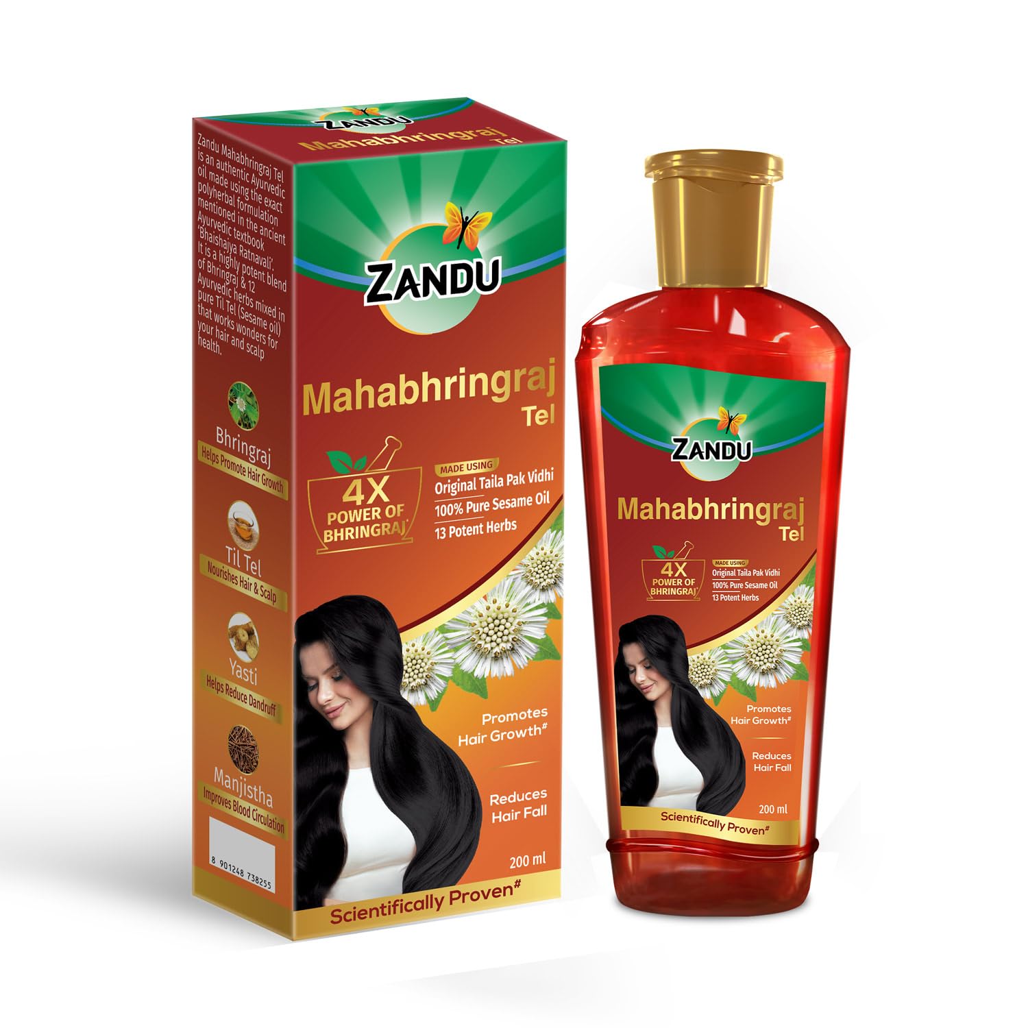 Front view of Zandu Mahabhringraj Tel 200 ml bottle