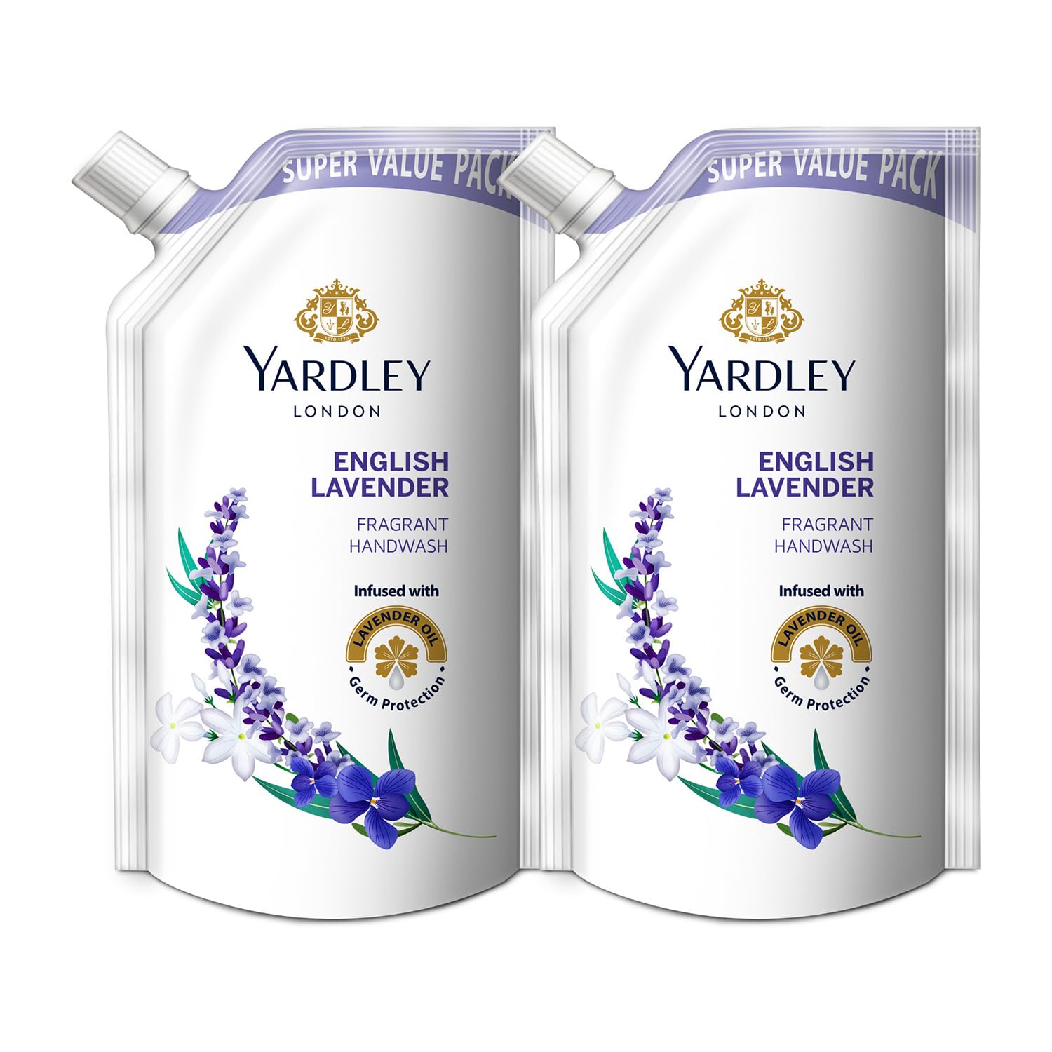 Two Yardley English Lavender liquid handwash refill pouches in lavender scent