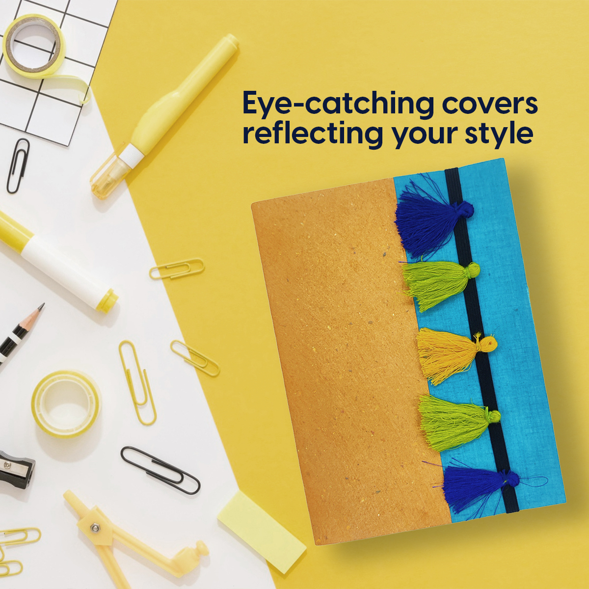 NeuOrigin Handmade Paper Notebook - Yellow and Blue with Tassels and Bookmark- Handcrafted in India – view 3