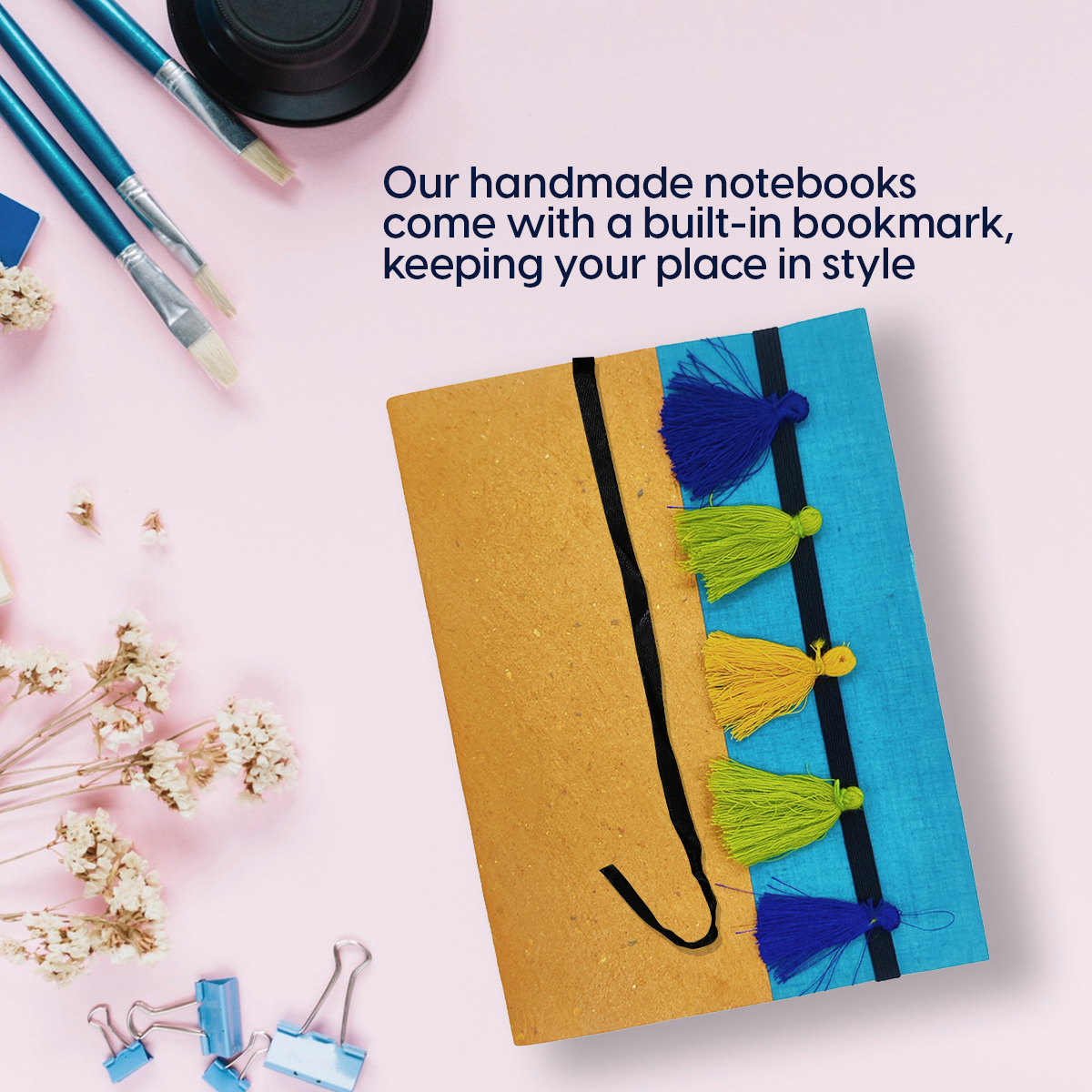 NeuOrigin Handmade Paper Notebook - Yellow and Blue with Tassels and Bookmark- Handcrafted in India – view 6