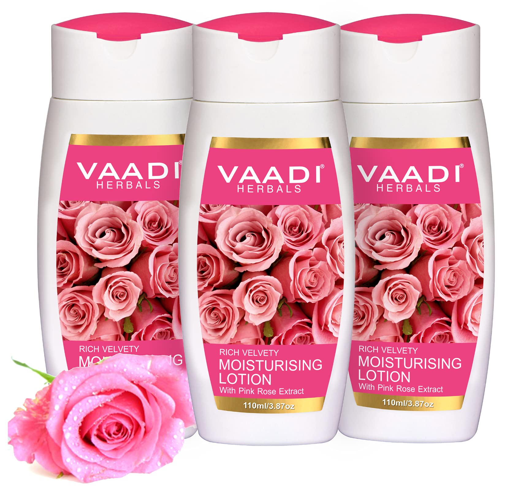 Three Vaadi Herbals moisturizing lotion bottles with pink rose extract