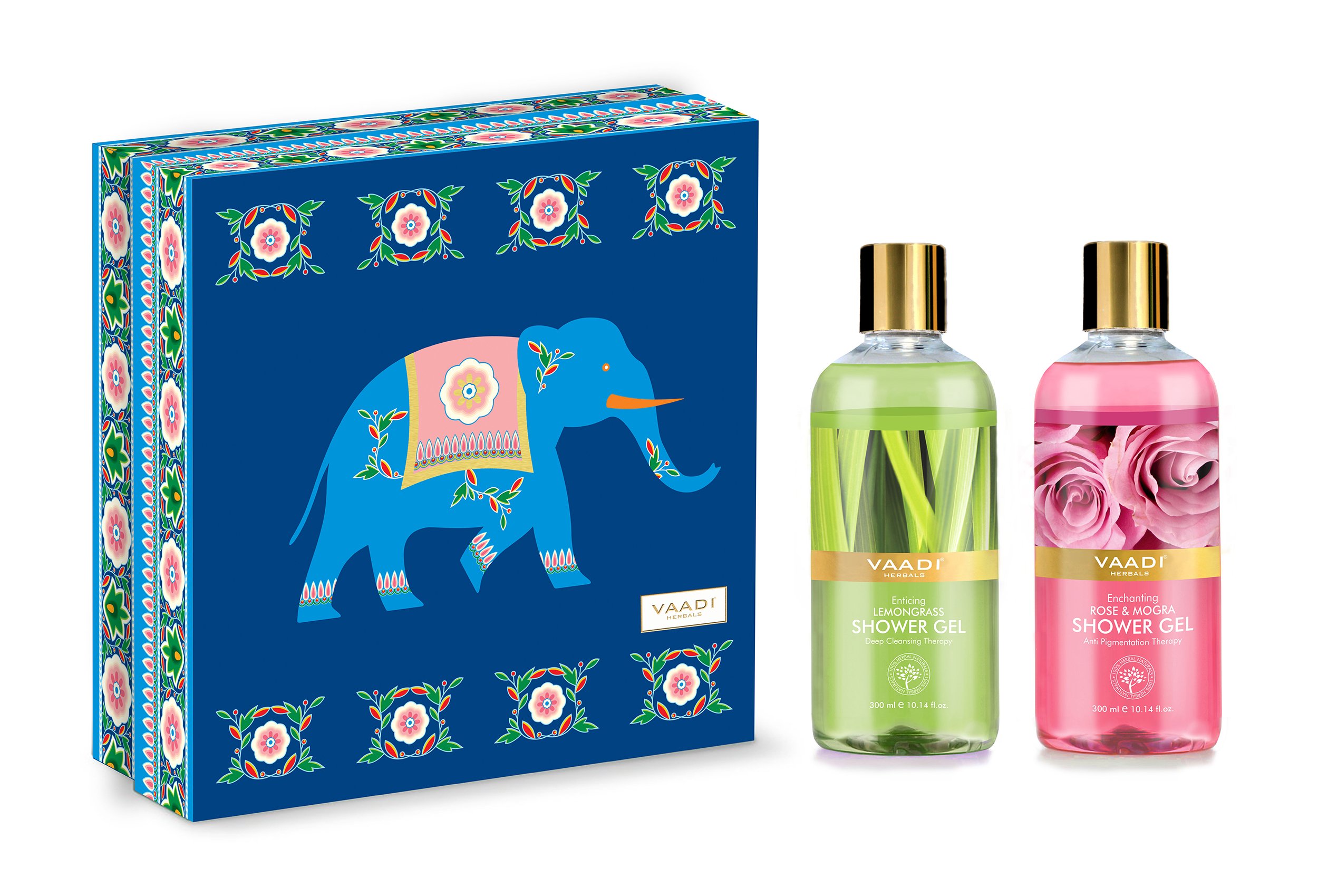 Vaadi Herbals gift box showing two lemongrass and rose mogra gels