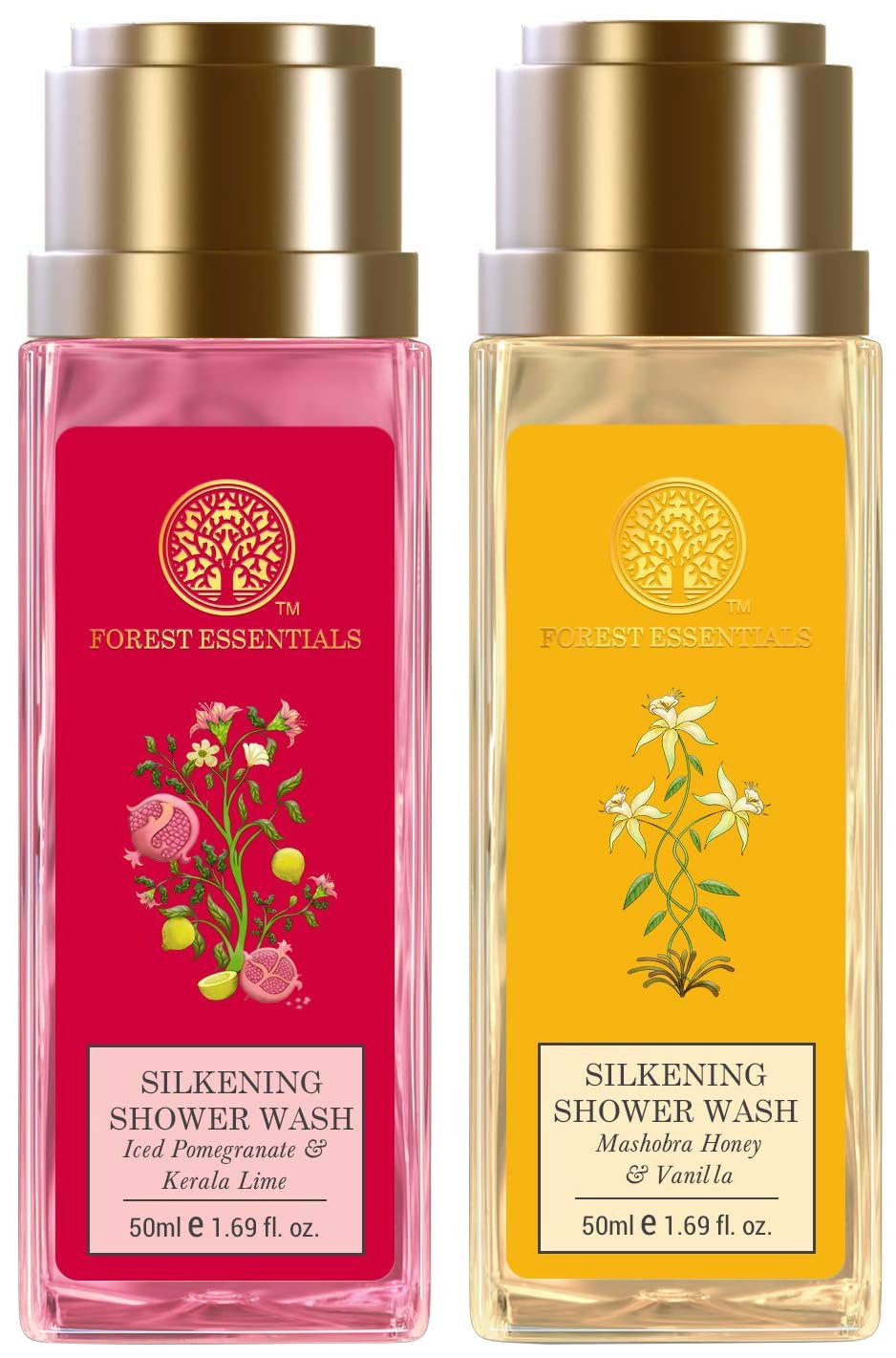 Travel-size Forest Essentials shower wash combo with two scent variants