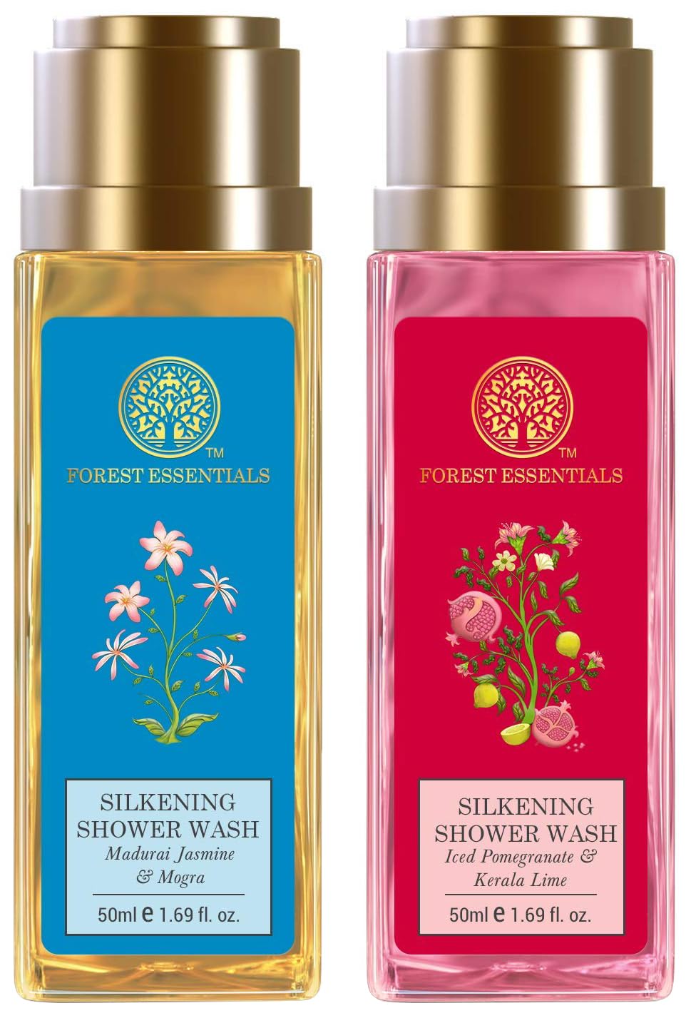 Forest Essentials shower wash combo bottles in jasmine and pomegranate variants