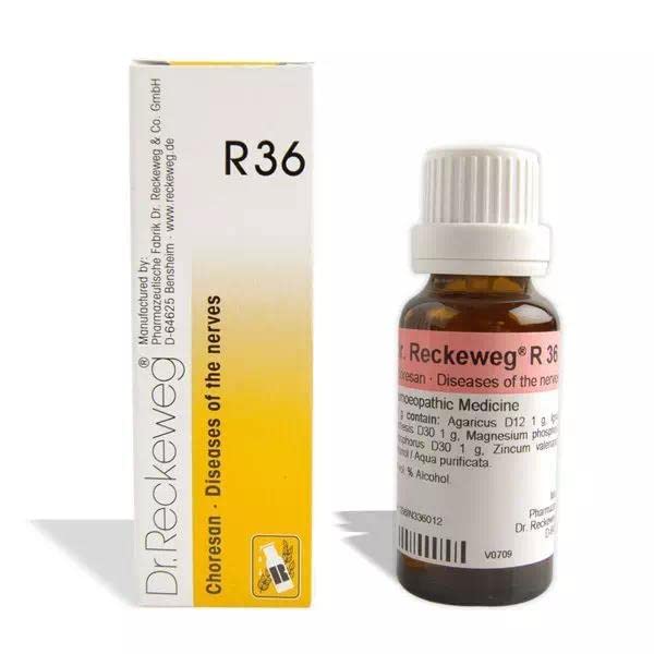 Front view of Dr Reckeweg R 36 drops bottle 22 ml