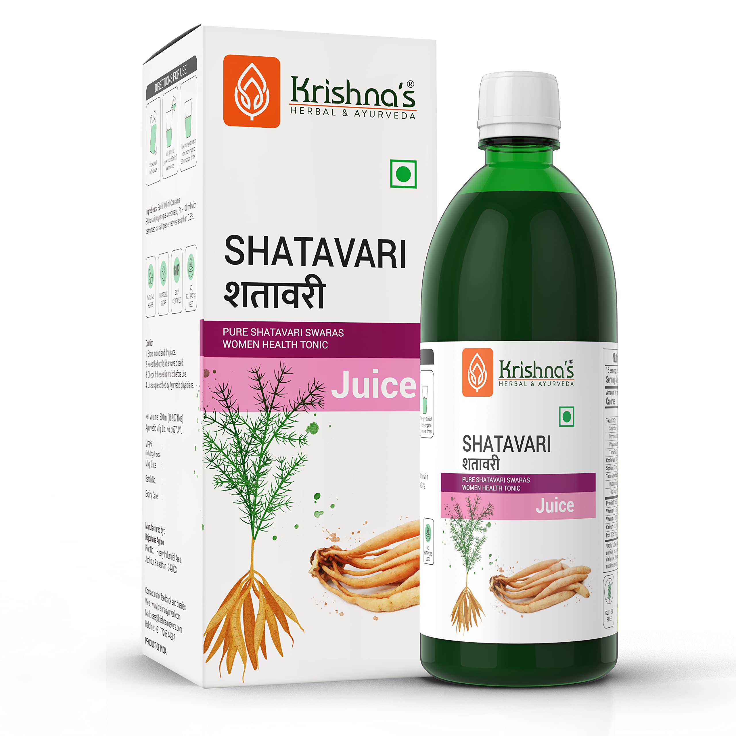 Front view of Krishna's Shatavari Juice 500 ml bottle