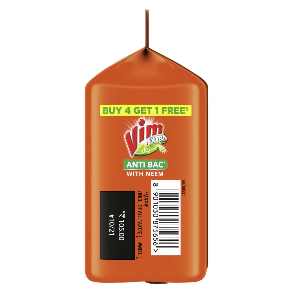 Vim Extra Anti Bacterial Dishwash Bar - 200g (Neem, Buy 4 + 1 Free) – view 4