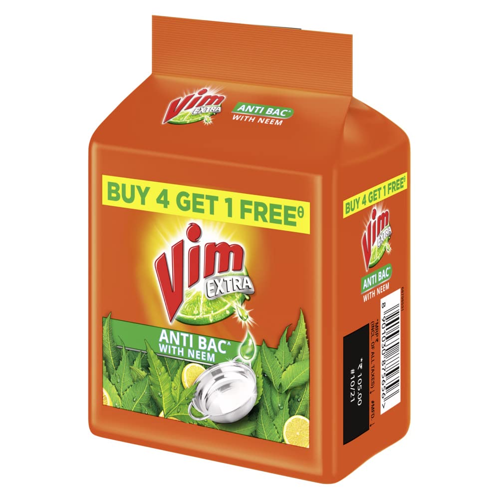 Vim Extra Anti Bacterial Dishwash Bar - 200g (Neem, Buy 4 + 1 Free) – view 5