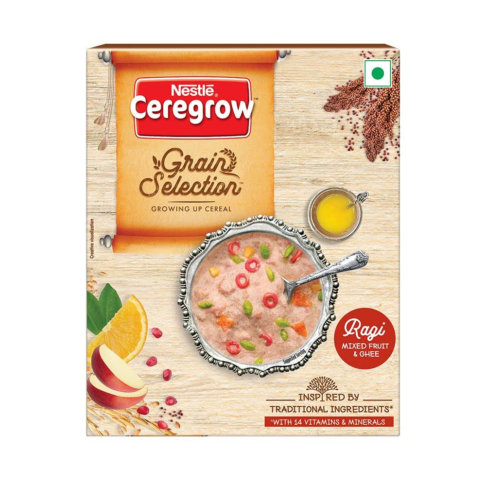 NESTLE CEREGROW Grain Selection with Nutri-cereal Ragi, Mixed Fruit & Ghee| Tasty & Nutritious| Inspired by popular MILLET recipes| 14 Vitamins & Minerals |No Added Colors or Flavors|300g
