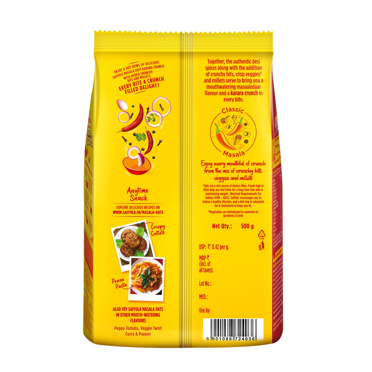 Saffola Masala Oats Karara Crunch, Tasty Evening Snack, Classic Masala with Crunchy Bits and Millets, 500g – view 2