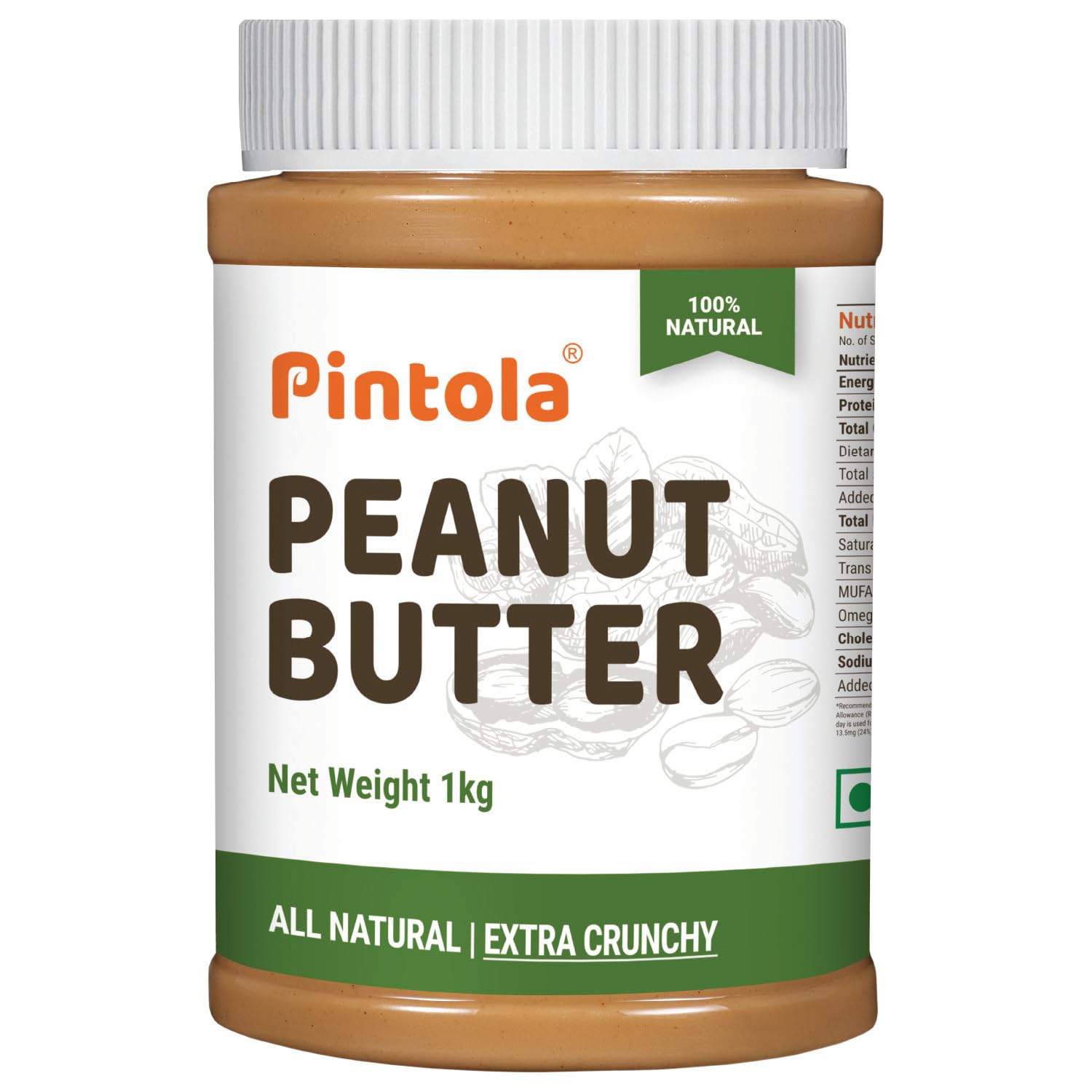 Pintola All Natural Peanut Butter EXTRA CRUNCHY 1kg, 30g Vegan Protein, 100% Pure Roasted Peanuts, Non Gmo, High in Protein Spread, Gluten & Cholesterol Free, Nut Butter, Peanut Butter Unsweetened