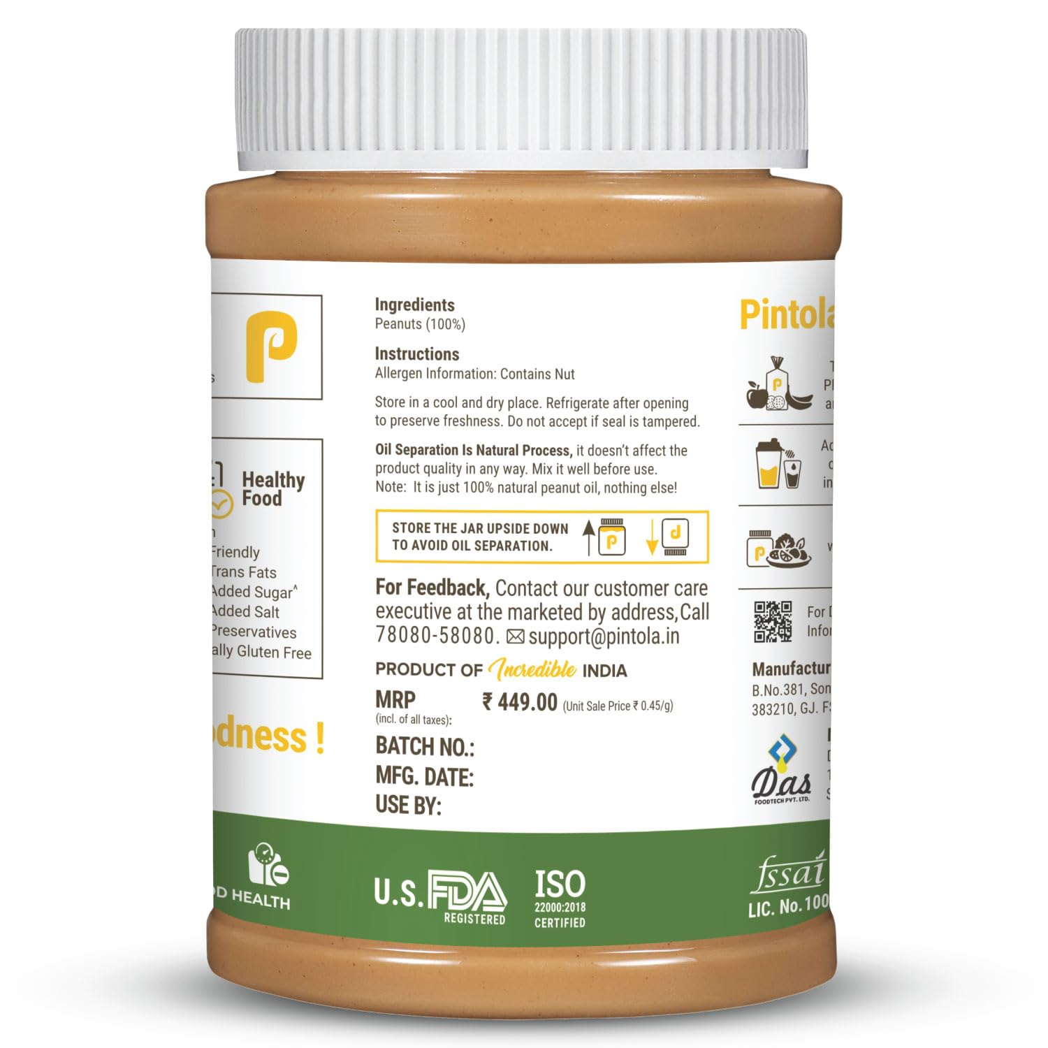 Pintola All Natural Peanut Butter EXTRA CRUNCHY 1kg, 30g Vegan Protein, 100% Pure Roasted Peanuts, Non Gmo, High in Protein Spread, Gluten & Cholesterol Free, Nut Butter, Peanut Butter Unsweetened – view 8
