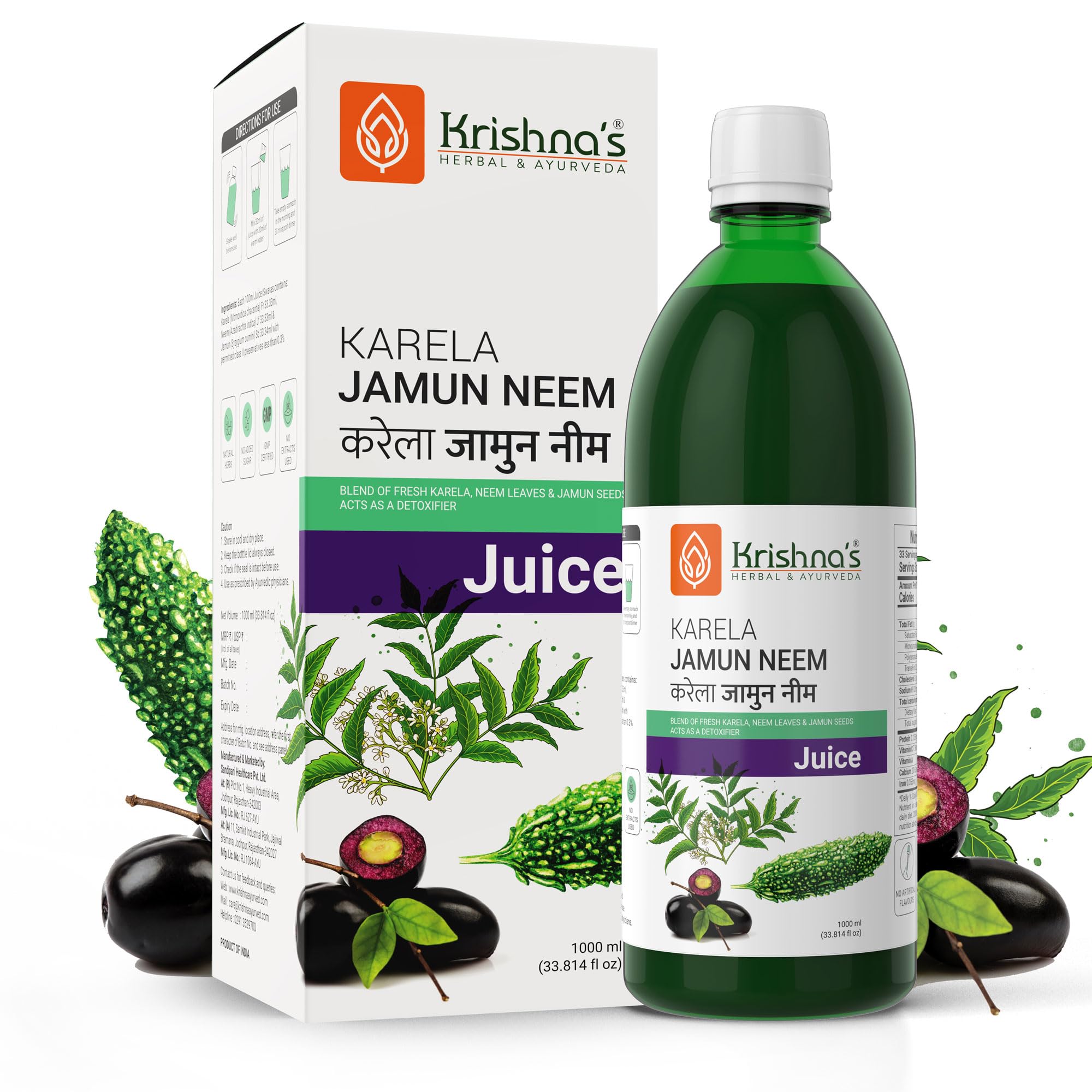 Front view of Krishna's Karela Jamun Mix Juice bottle