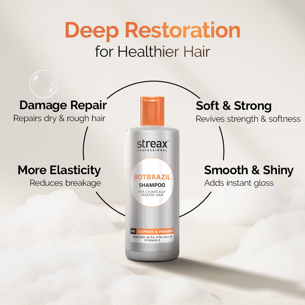 Streax Professional BotBrazil Shampoo,300 ml for Keratin, Nanoplasty, & Smoothening, Sulphate & Paraben-Free Shampoo for Women & Men, Enriched with Vita Oils Nourishes Chemically Treated Hair – view 6
