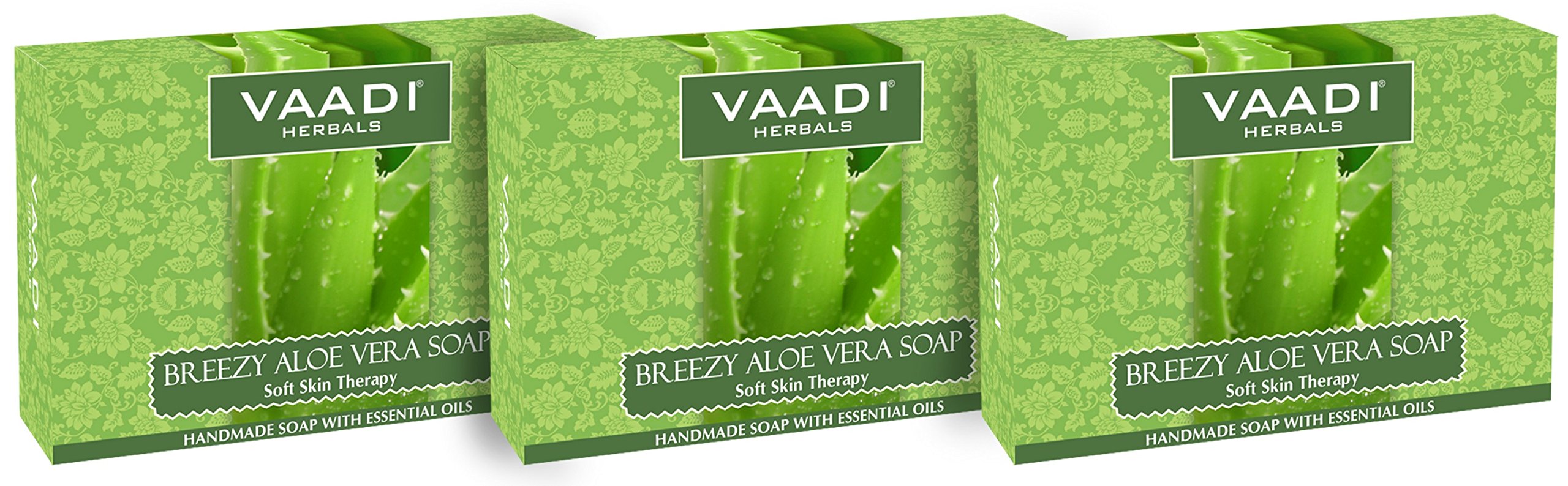 Three Vaadi Herbals aloe vera soap bars in retail box