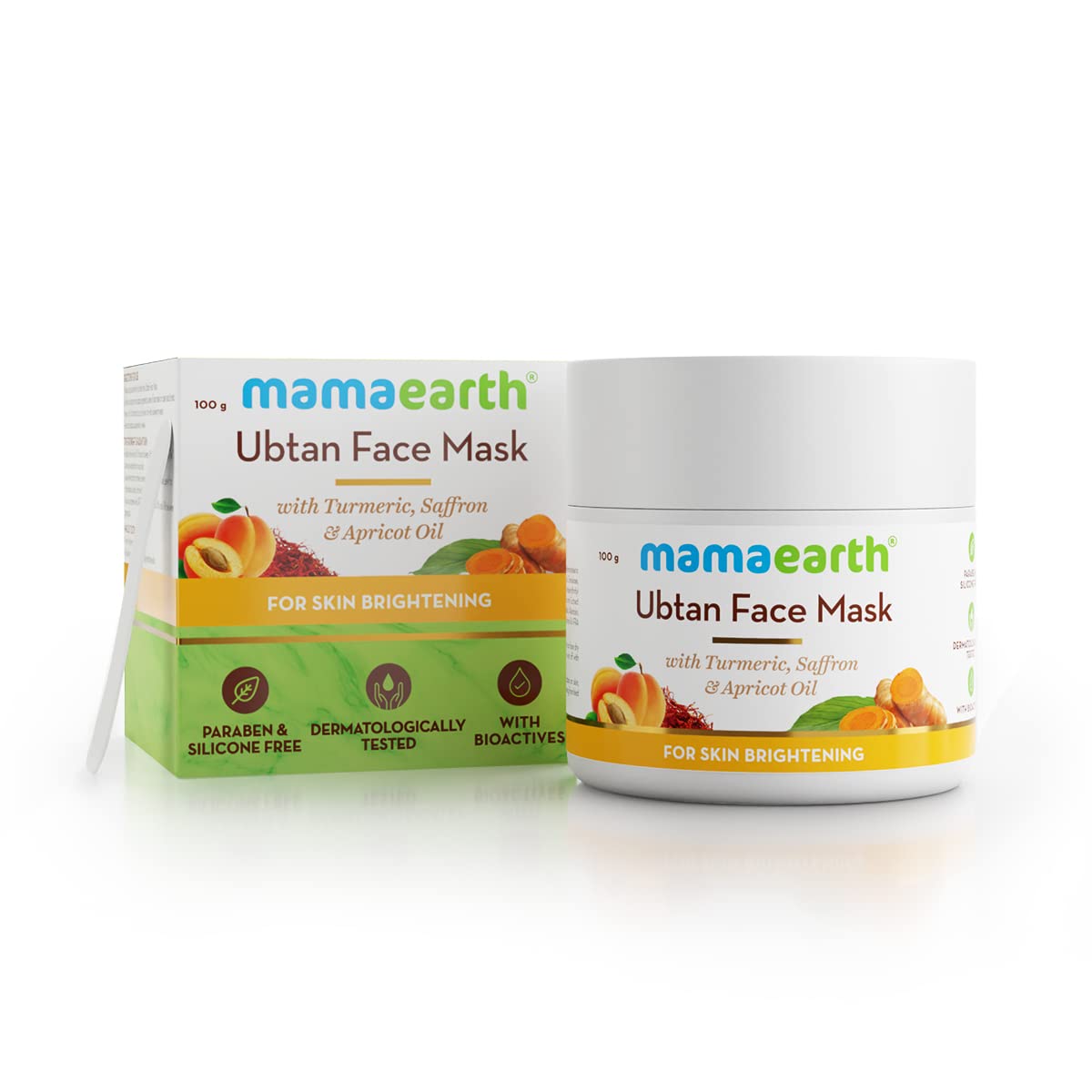 Mamaearth turmeric and saffron ubtan face pack front jar view